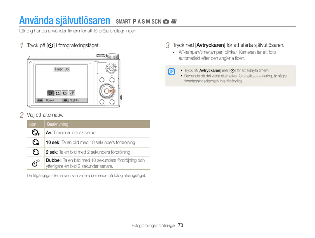 Samsung EC-WB850FBPBE2 manual Använda självutlösaren, Tryck ned Avtryckaren för att starta självutlösaren 