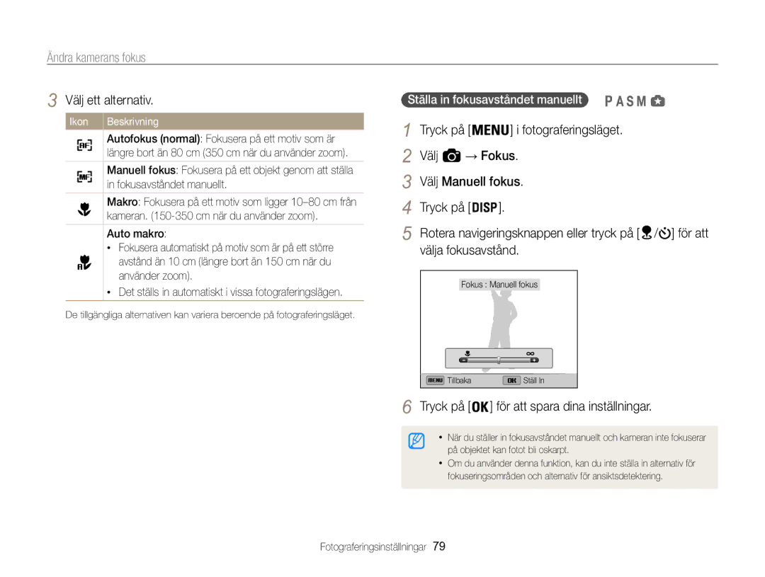 Samsung EC-WB850FBPBE2 Ändra kamerans fokus, Tryck på Fotograferingsläget Välj, Välj Manuell fokus, Välja fokusavstånd 