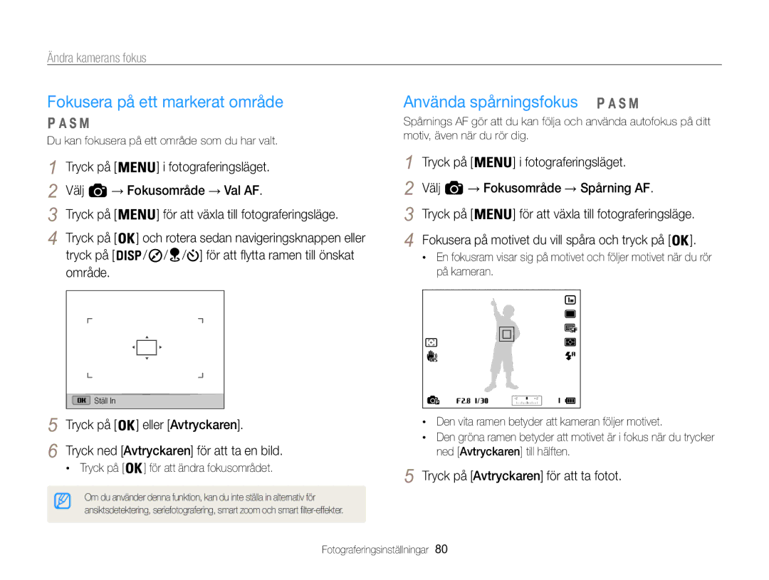 Samsung EC-WB850FBPBE2 manual Fokusera på ett markerat område Använda spårningsfokus, Välj → Fokusområde → Val AF 