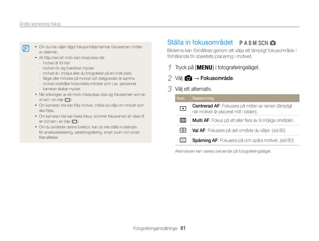 Samsung EC-WB850FBPBE2 manual Ställa in fokusområdet 