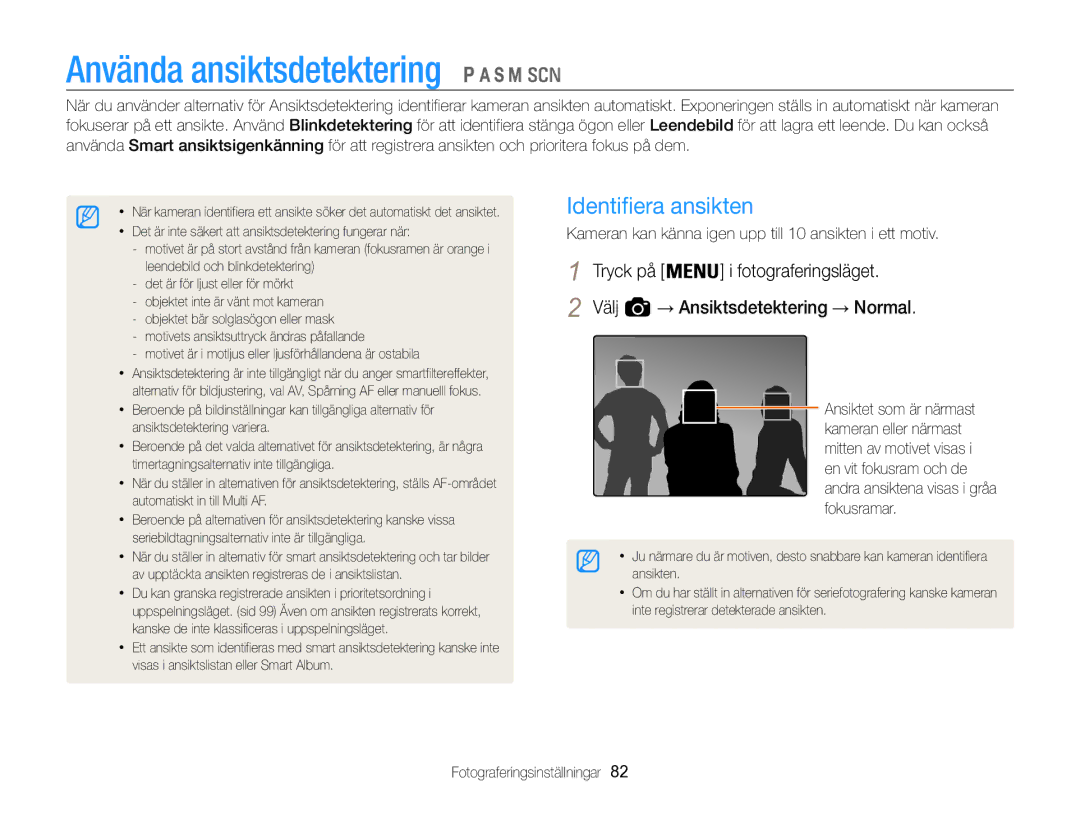 Samsung EC-WB850FBPBE2 manual Använda ansiktsdetektering, Identifiera ansikten, → Ansiktsdetektering → Normal 