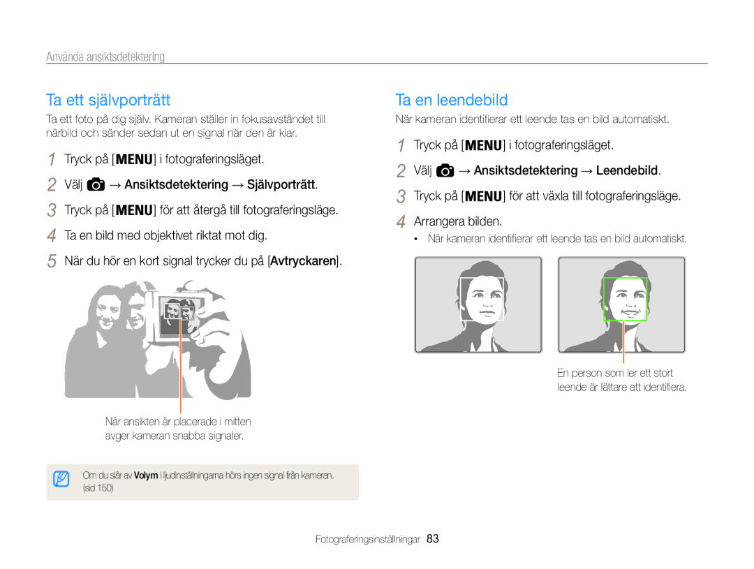 Samsung EC-WB850FBPBE2 manual Ta ett självporträtt, Ta en leendebild, Använda ansiktsdetektering 