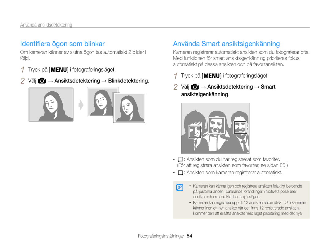 Samsung EC-WB850FBPBE2 manual Identifiera ögon som blinkar, Använda Smart ansiktsigenkänning, Ansiktsigenkänning 