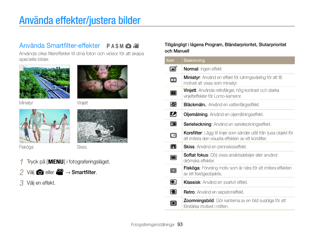 Samsung EC-WB850FBPBE2 manual Använda effekter/justera bilder, Använda Smartfilter-effekter 