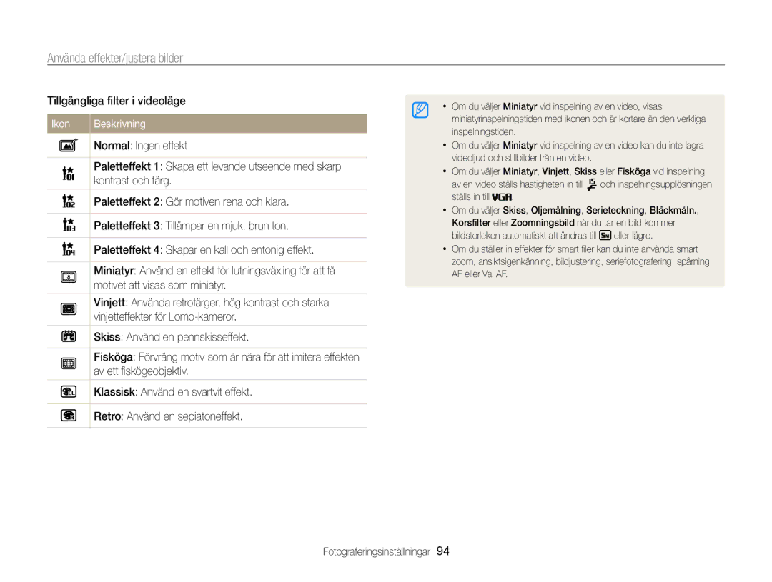 Samsung EC-WB850FBPBE2 manual Använda effekter/justera bilder, Tillgängliga filter i videoläge 