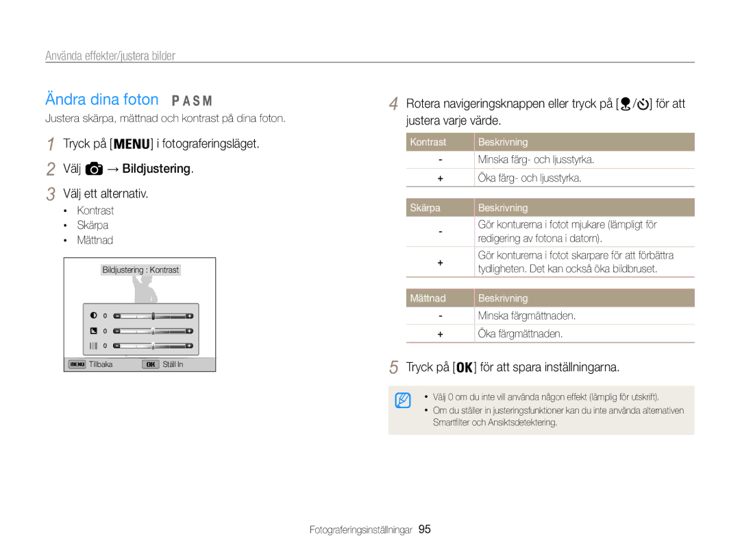 Samsung EC-WB850FBPBE2 manual Ändra dina foton, Tryck på för att spara inställningarna, Kontrast Skärpa Mättnad 