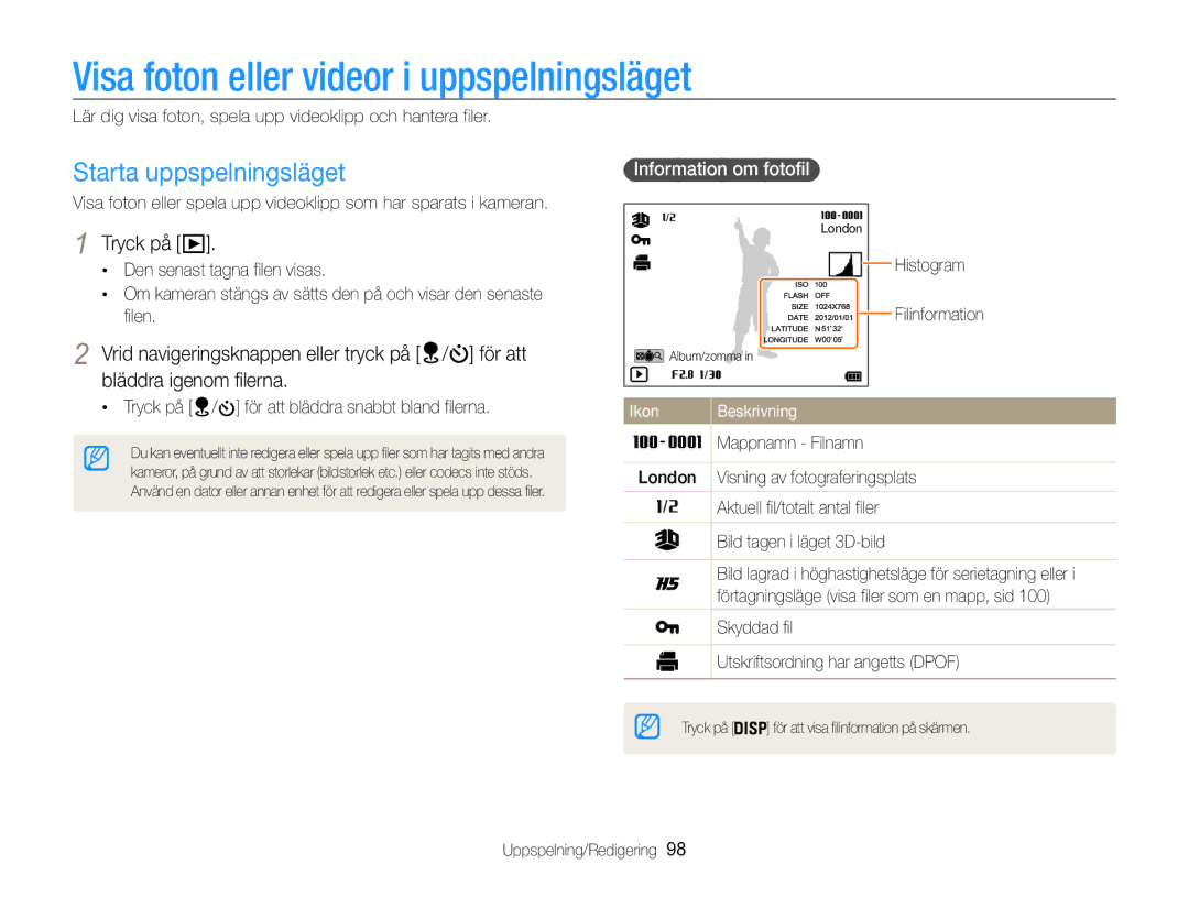 Samsung EC-WB850FBPBE2 Visa foton eller videor i uppspelningsläget, Starta uppspelningsläget, Information om fotofil  