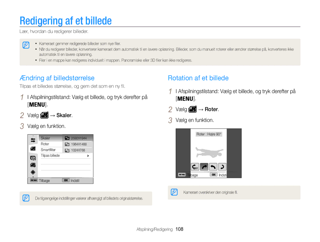 Samsung EC-WB850FBPBE2 manual Redigering af et billede, Ændring af billedstørrelse, Rotation af et billede 