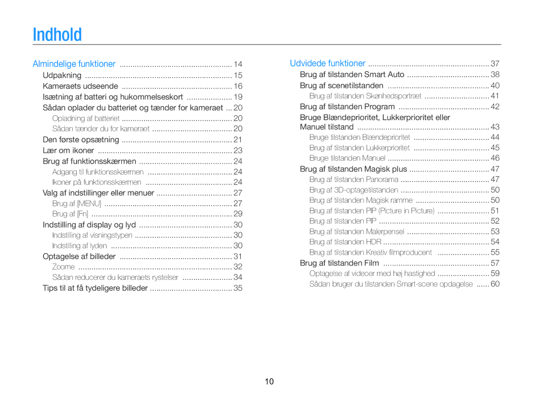 Samsung EC-WB850FBPBE2 manual Indhold, Sådan oplader du batteriet og tænder for kameraet 