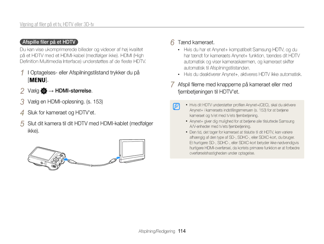 Samsung EC-WB850FBPBE2 manual Visning af filer på et tv, Hdtv eller 3D-tv, Ikke Tænd kameraet, Afspille filer på et HDTV  