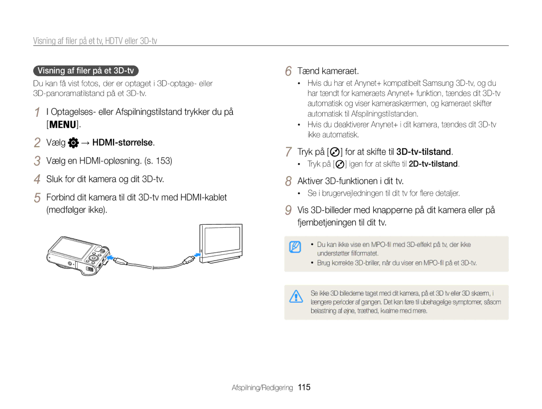 Samsung EC-WB850FBPBE2 manual Medfølger ikke, Aktiver 3D-funktionen i dit tv, Visning af filer på et 3D-tv  