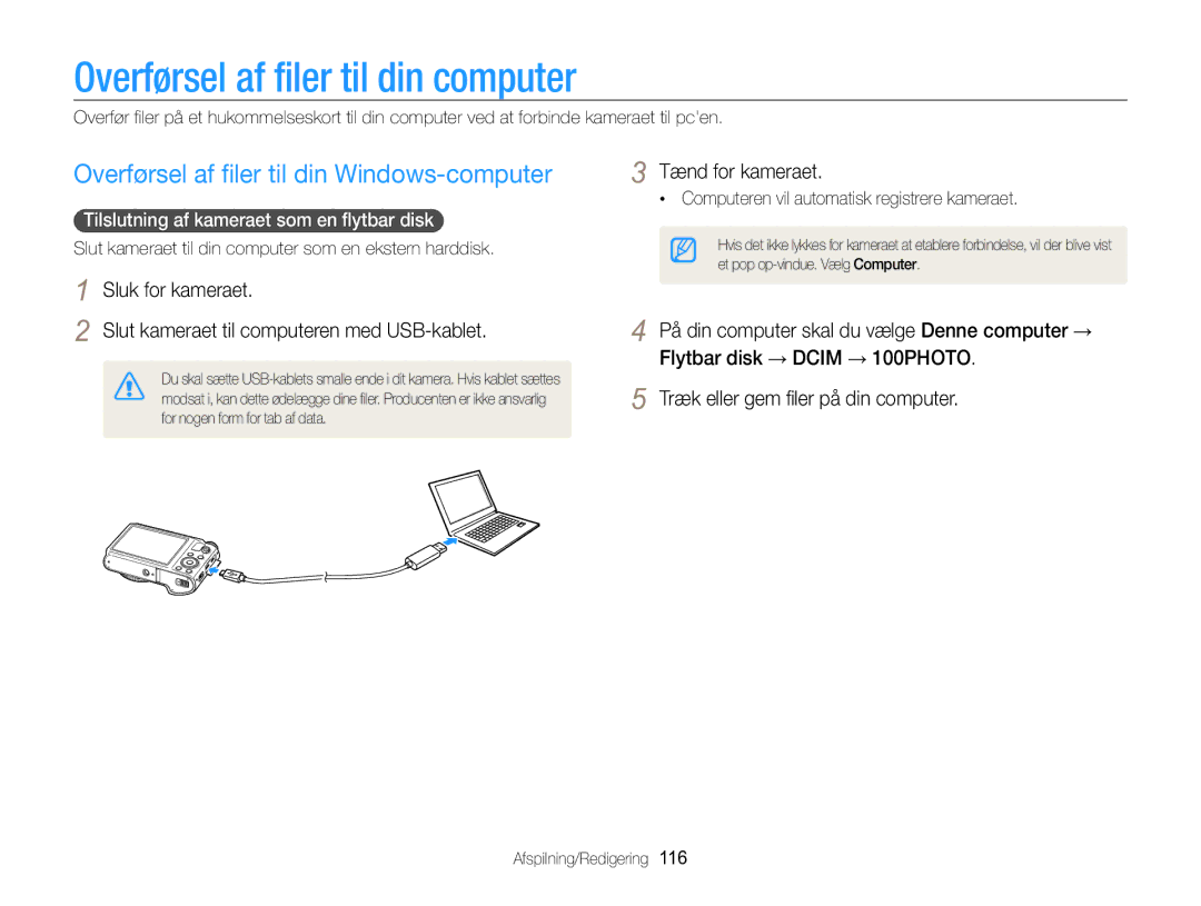 Samsung EC-WB850FBPBE2 manual Overførsel af filer til din computer, Overførsel af filer til din Windows-computer 