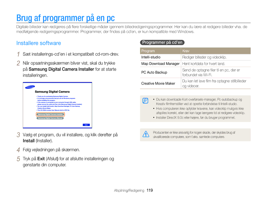 Samsung EC-WB850FBPBE2 manual Brug af programmer på en pc, Installere software, Programmer på cden , Program Krav 