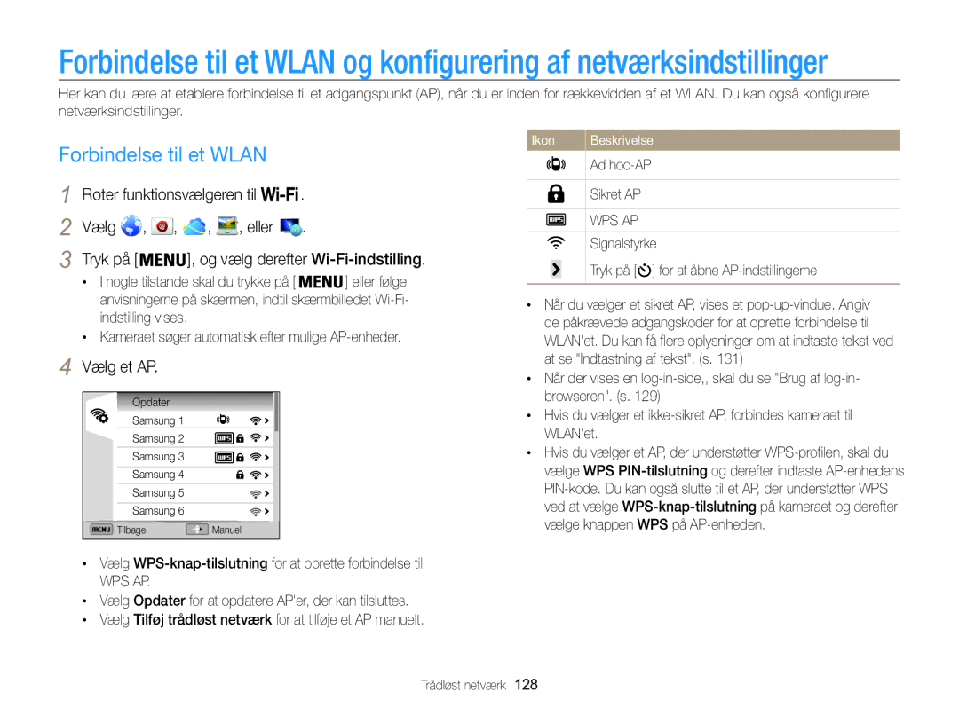 Samsung EC-WB850FBPBE2 manual Forbindelse til et Wlan, Roter funktionsvælgeren til Vælg Eller, Vælg et AP 