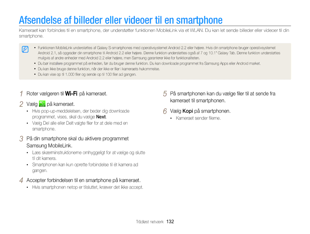 Samsung EC-WB850FBPBE2 manual Afsendelse af billeder eller videoer til en smartphone, Kameraet sender filerne 