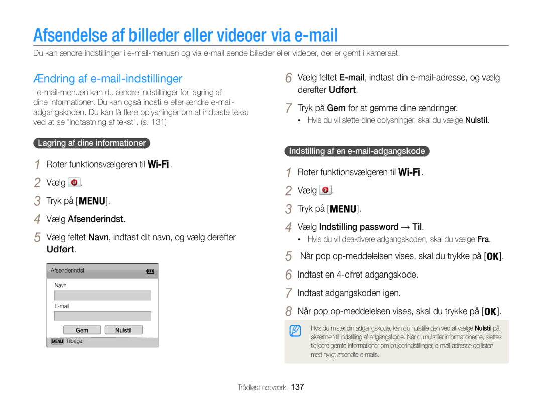 Samsung EC-WB850FBPBE2 manual Afsendelse af billeder eller videoer via e-mail, Ændring af e-mail-indstillinger, Udført 