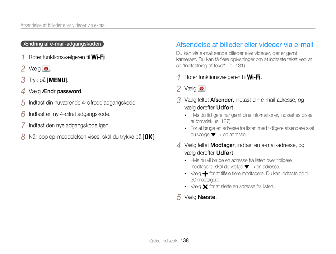 Samsung EC-WB850FBPBE2 manual Afsendelse af billeder eller videoer via e-mail, Vælg derefter Udført, Vælg Næste 