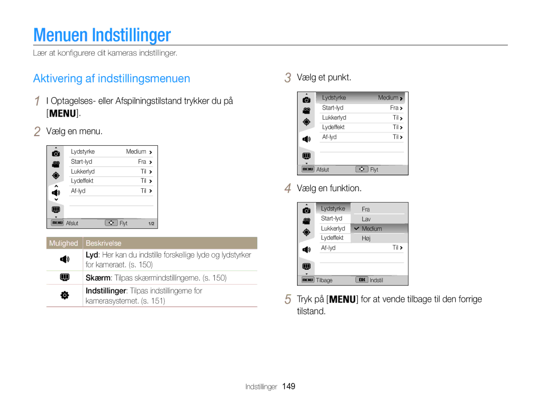 Samsung EC-WB850FBPBE2 manual Menuen Indstillinger, Aktivering af indstillingsmenuen, Vælg et punkt 