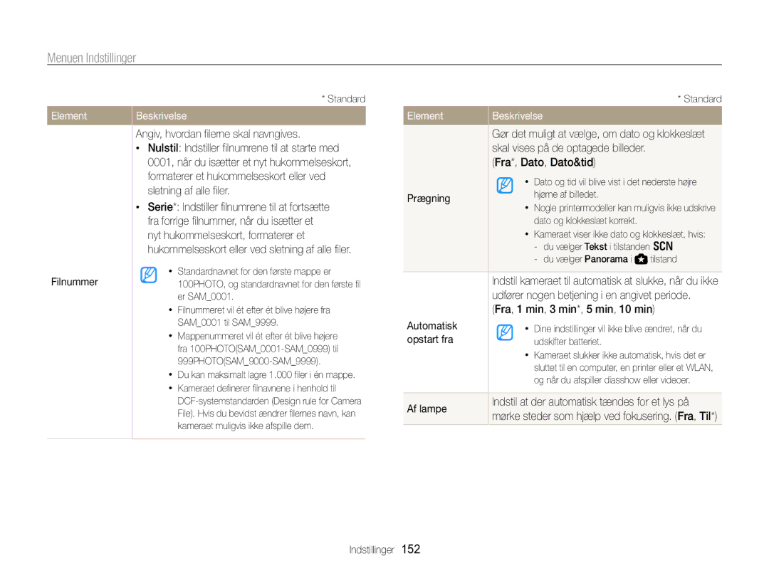 Samsung EC-WB850FBPBE2 Filnummer, Angiv, hvordan filerne skal navngives, Skal vises på de optagede billeder, Prægning 