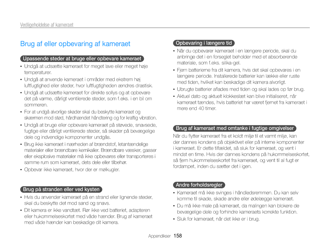Samsung EC-WB850FBPBE2 manual Brug af eller opbevaring af kameraet, Vedligeholdelse af kameraet 