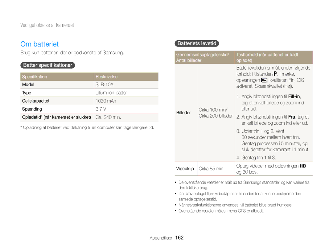 Samsung EC-WB850FBPBE2 manual Om batteriet, Batterispecifikationer Batteriets levetid  