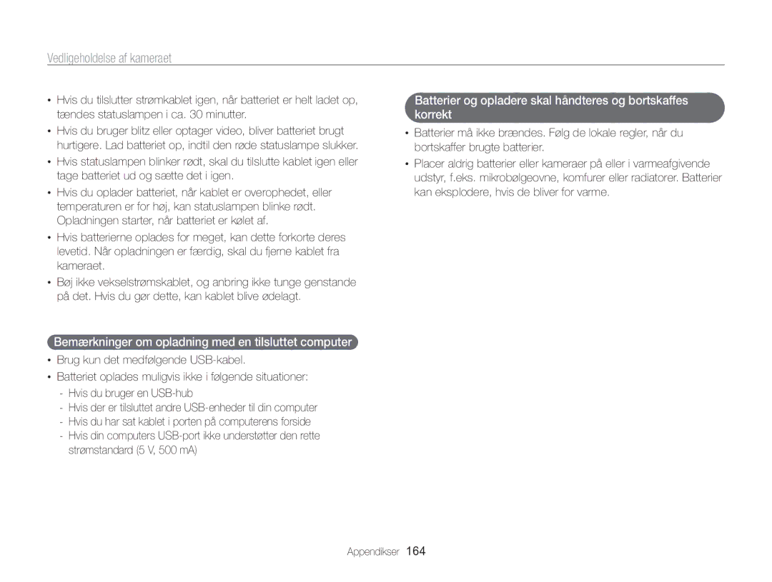 Samsung EC-WB850FBPBE2 manual Bemærkninger om opladning med en tilsluttet computer , Strømstandard 5 V, 500 mA 