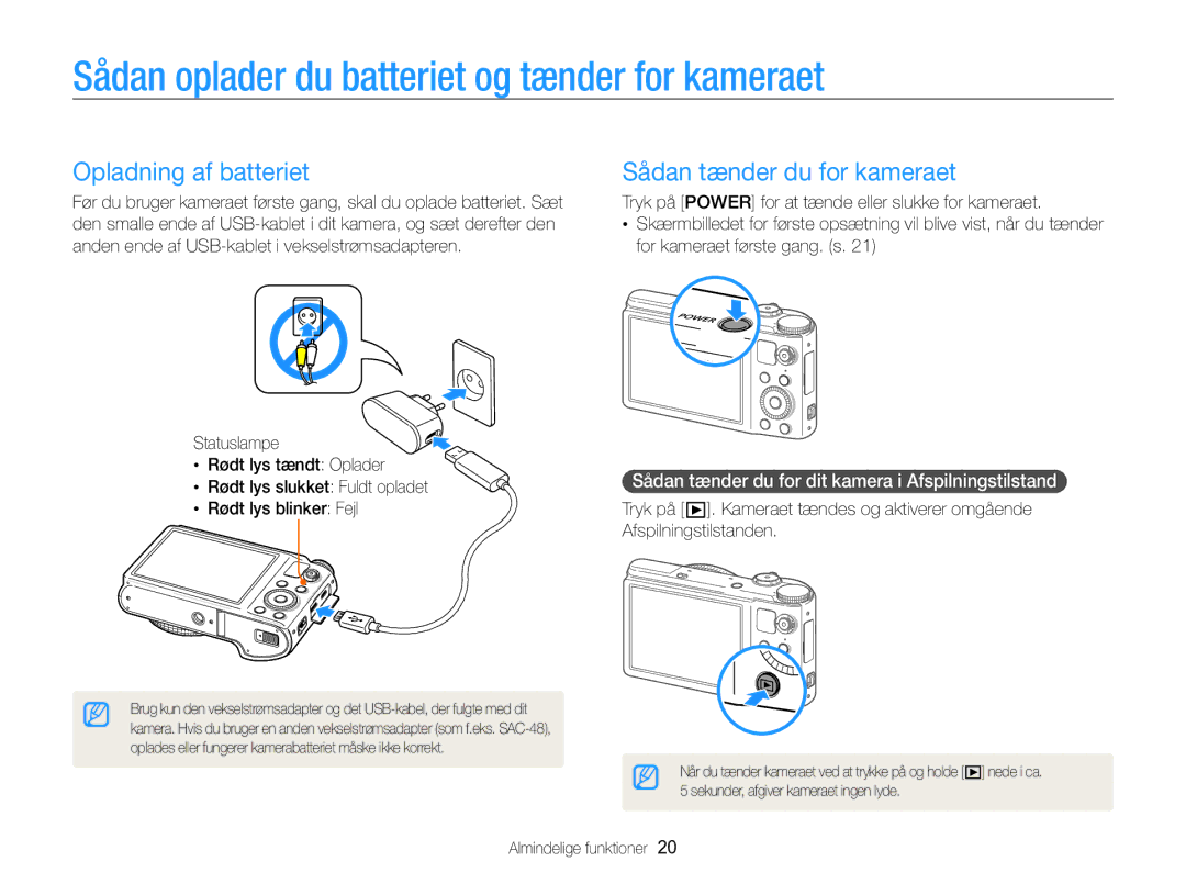 Samsung EC-WB850FBPBE2 manual Sådan oplader du batteriet og tænder for kameraet, Opladning af batteriet 