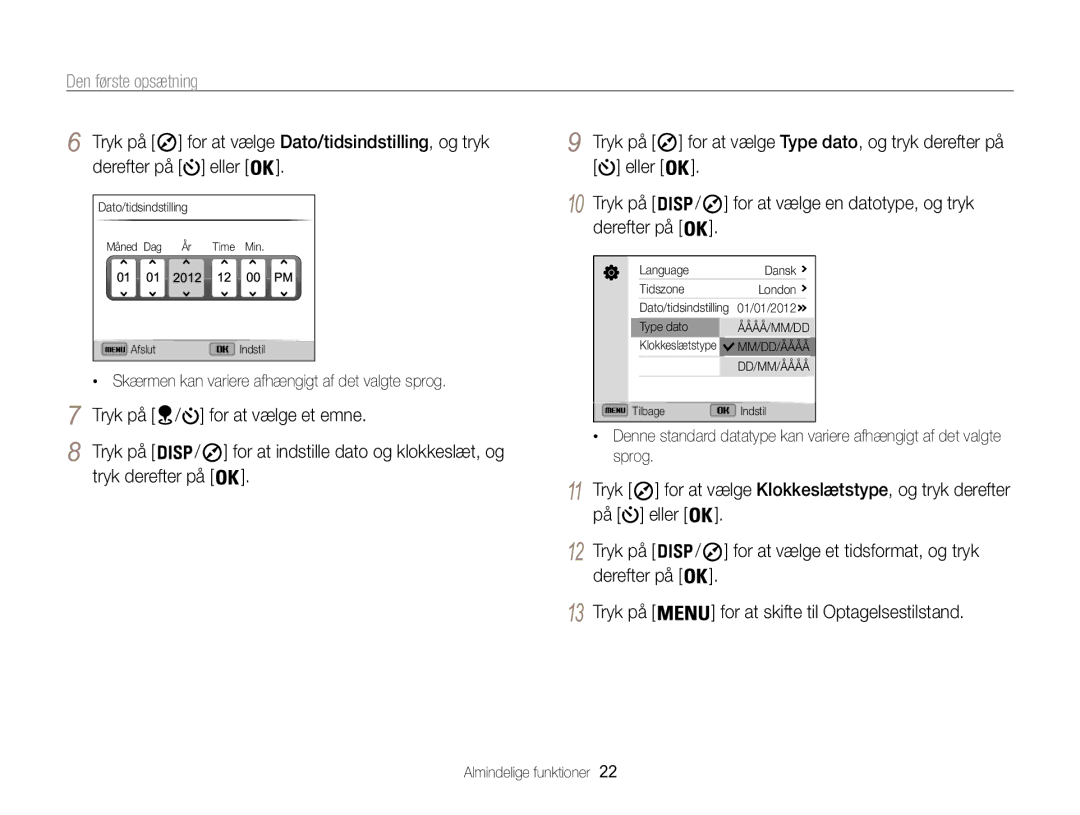 Samsung EC-WB850FBPBE2 manual Den første opsætning, Tryk på For at vælge et emne, Tryk derefter på 