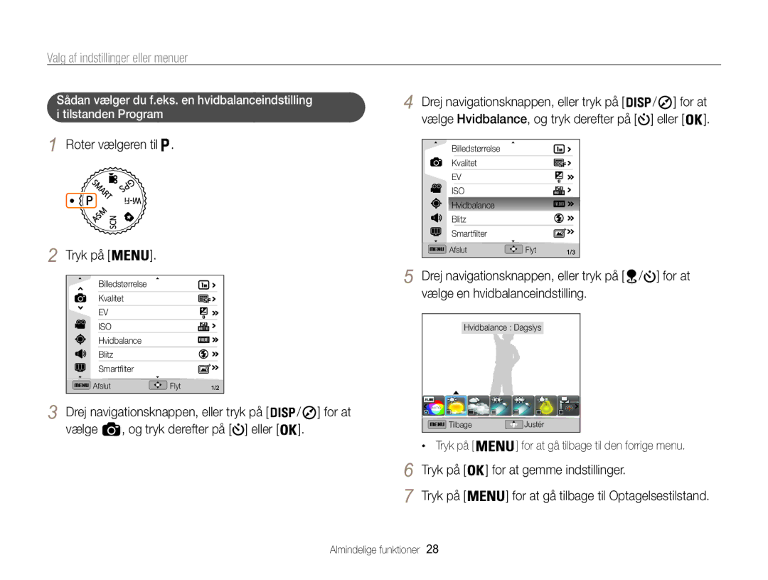 Samsung EC-WB850FBPBE2 manual Valg af indstillinger eller menuer, For at, Eller Roter vælgeren til Tryk på, Vælge 