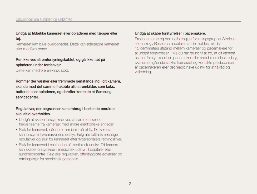 Samsung EC-WB850FBPBE2 manual Oplysninger om sundhed og sikkerhed, Undgå at skabe forstyrrelser i pacemakere 