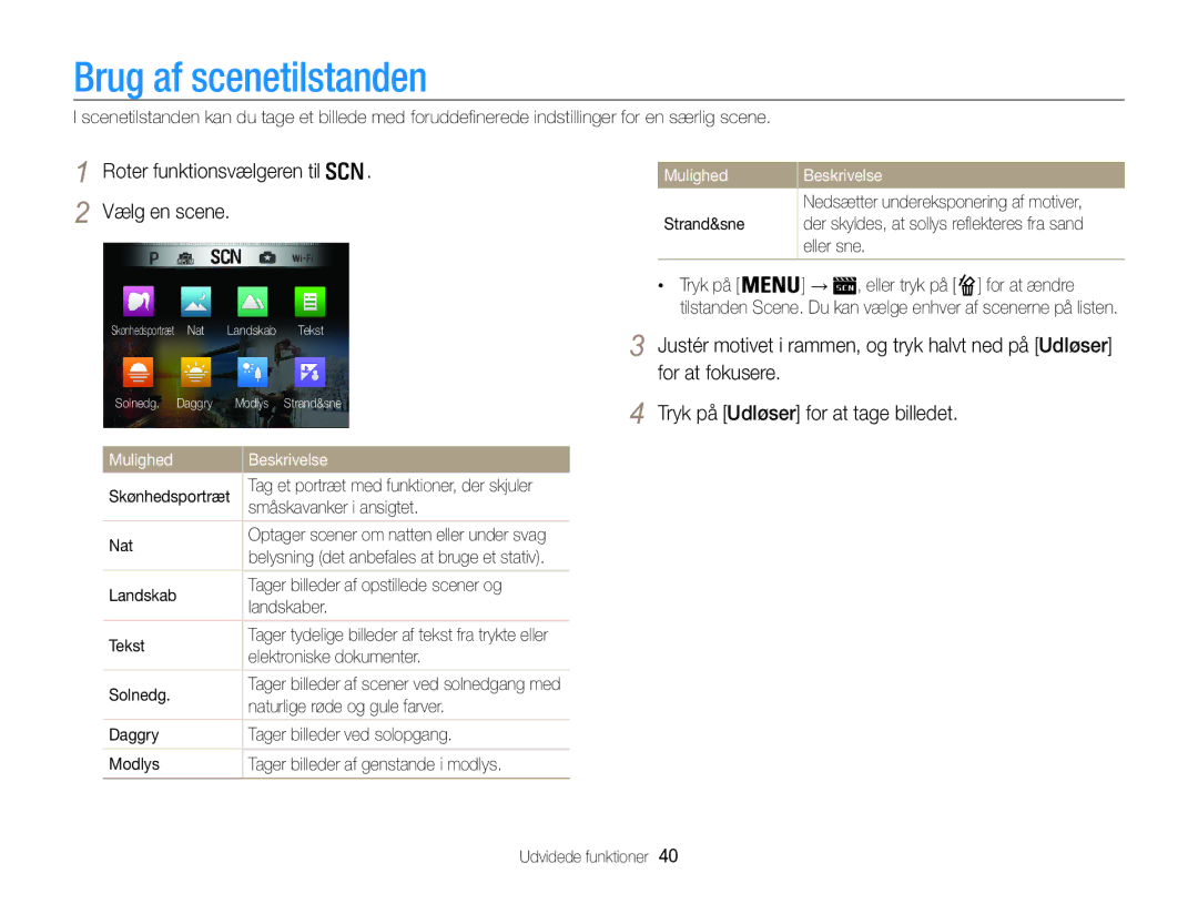 Samsung EC-WB850FBPBE2 manual Brug af scenetilstanden, Roter funktionsvælgeren til Vælg en scene, Mulighed 