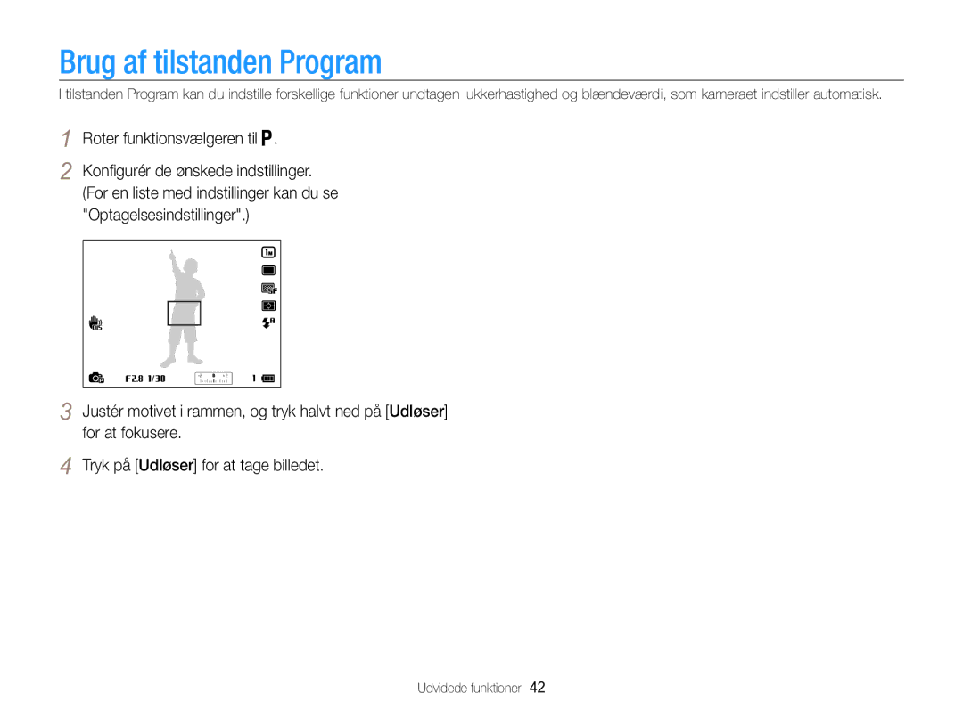 Samsung EC-WB850FBPBE2 manual Brug af tilstanden Program, Roter funktionsvælgeren til 