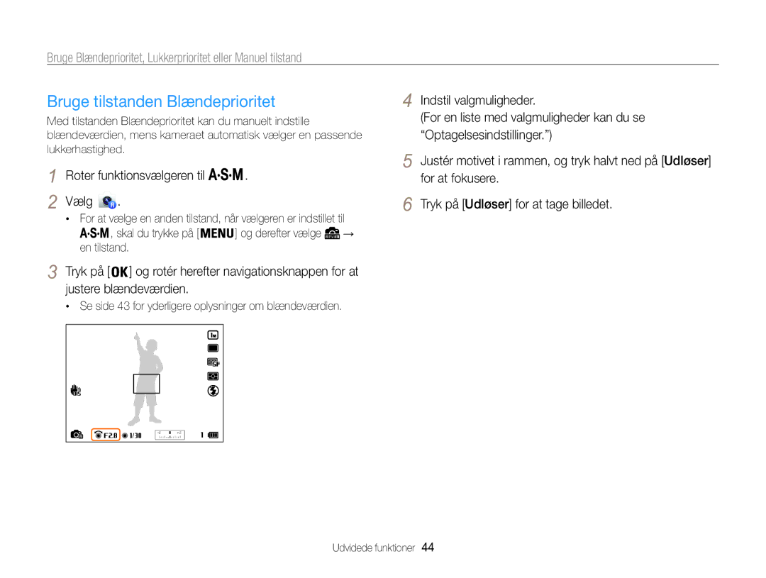 Samsung EC-WB850FBPBE2 manual Bruge tilstanden Blændeprioritet, Roter funktionsvælgeren til Vælg 