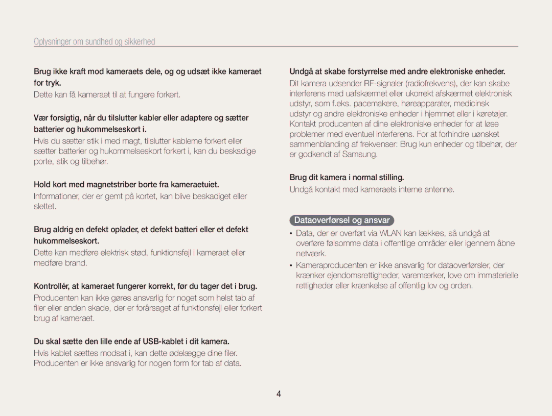 Samsung EC-WB850FBPBE2 manual Dataoverførsel og ansvar 