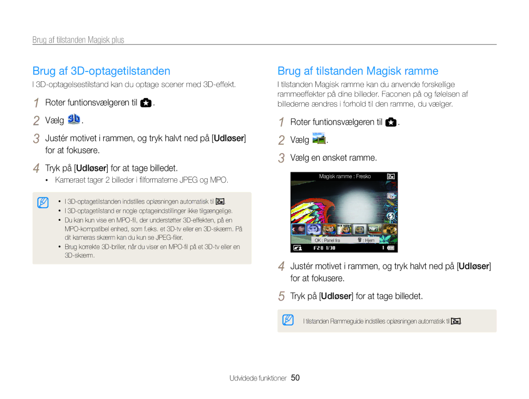 Samsung EC-WB850FBPBE2 manual Brug af 3D-optagetilstanden, Brug af tilstanden Magisk ramme, Vælg Vælg en ønsket ramme 