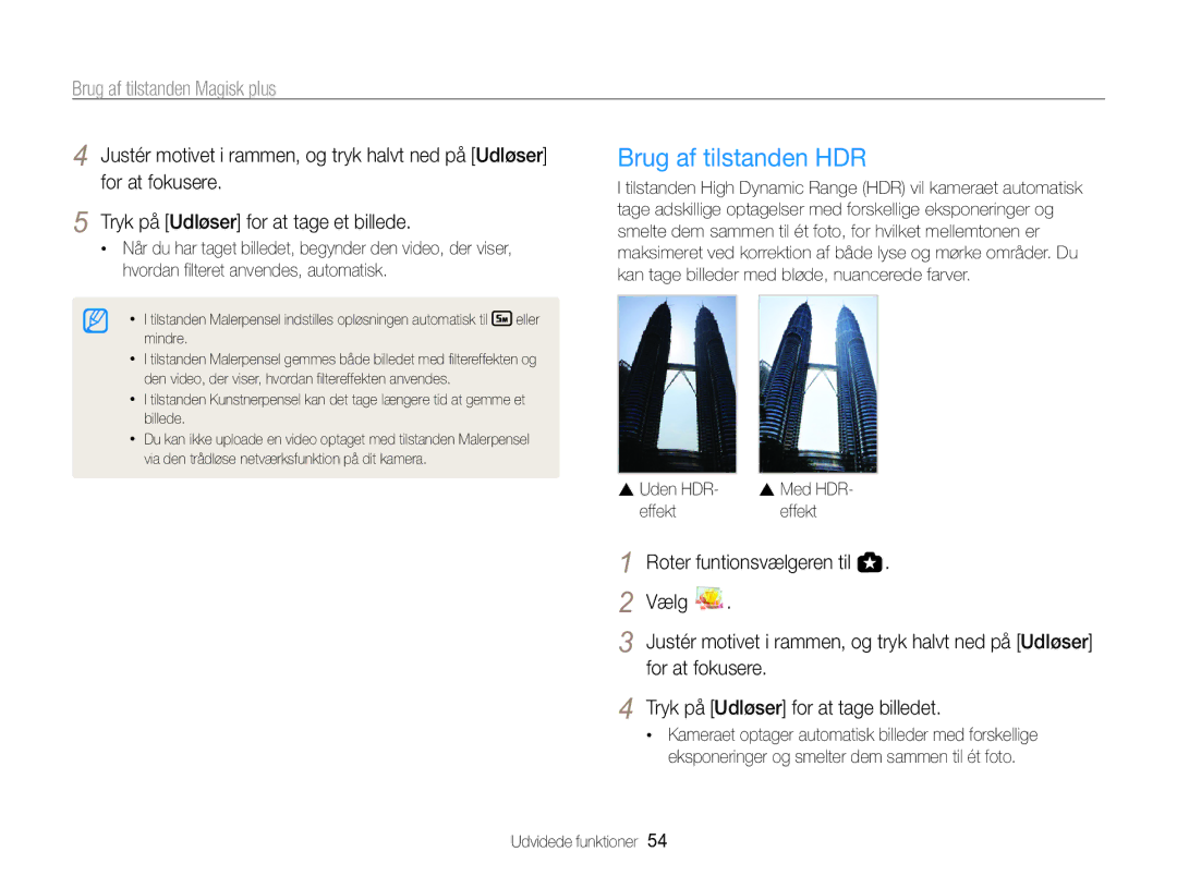 Samsung EC-WB850FBPBE2 manual Brug af tilstanden HDR,  Med HDR Effekt Roter funtionsvælgeren til 