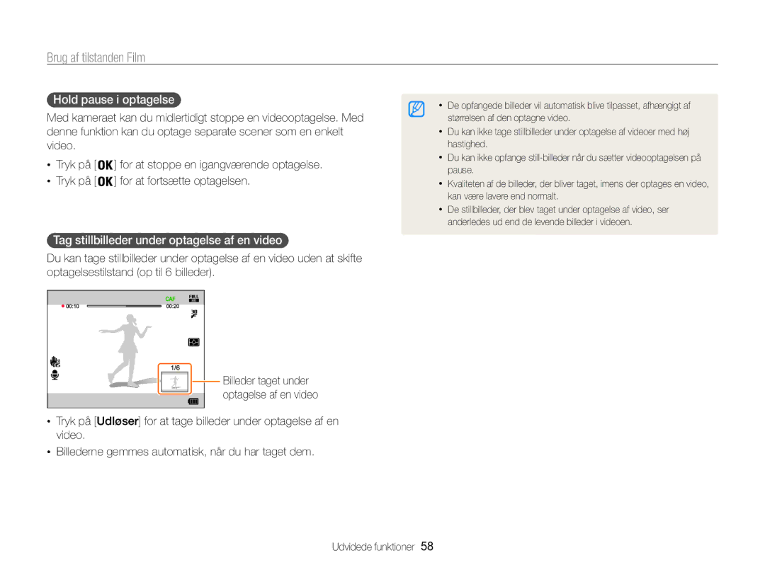 Samsung EC-WB850FBPBE2 Brug af tilstanden Film, Hold pause i optagelse , Tag stillbilleder under optagelse af en video  
