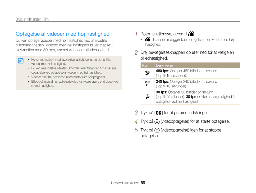 Samsung EC-WB850FBPBE2 manual Optagelse af videoer med høj hastighed 