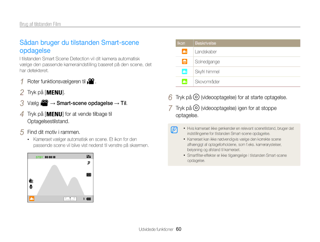 Samsung EC-WB850FBPBE2 manual Sådan bruger du tilstanden Smart-scene opdagelse, Tryk på Vælg, → Smart-scene opdagelse → Til 