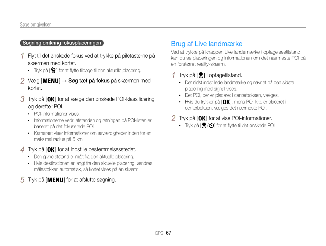 Samsung EC-WB850FBPBE2 Brug af Live landmærke, Søge omgivelser, Kortet Tryk på, Og derefter POI, Tryk på i optagetilstand 