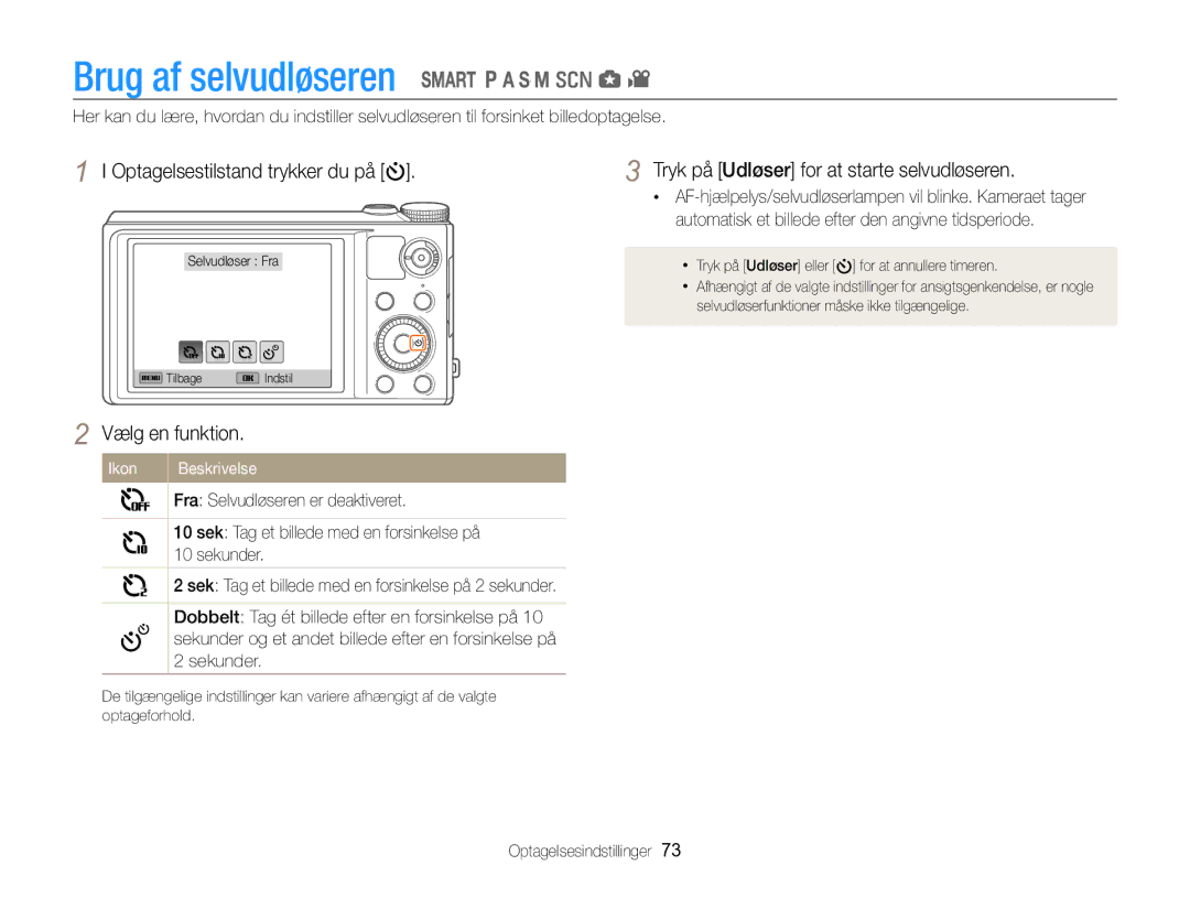 Samsung EC-WB850FBPBE2 manual Brug af selvudløseren, Tryk på Udløser for at starte selvudløseren 