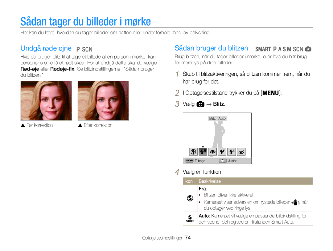 Samsung EC-WB850FBPBE2 manual Sådan tager du billeder i mørke, Undgå røde øjne, Sådan bruger du blitzen 