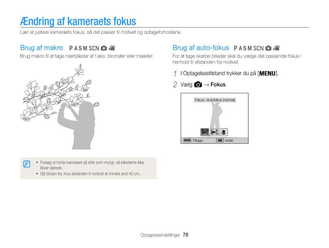 Samsung EC-WB850FBPBE2 manual Ændring af kameraets fokus, Brug af makro, Brug af auto-fokus 