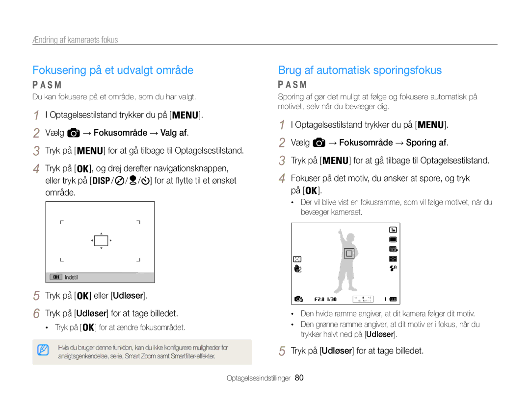 Samsung EC-WB850FBPBE2 manual Fokusering på et udvalgt område, Brug af automatisk sporingsfokus 