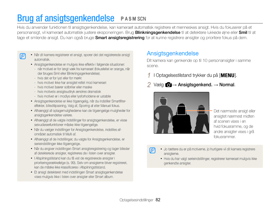 Samsung EC-WB850FBPBE2 manual Brug af ansigtsgenkendelse, Ansigtsgenkendelse 