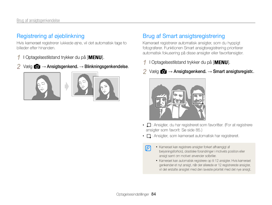 Samsung EC-WB850FBPBE2 manual Registrering af øjeblinkning, Brug af Smart ansigtsregistrering 