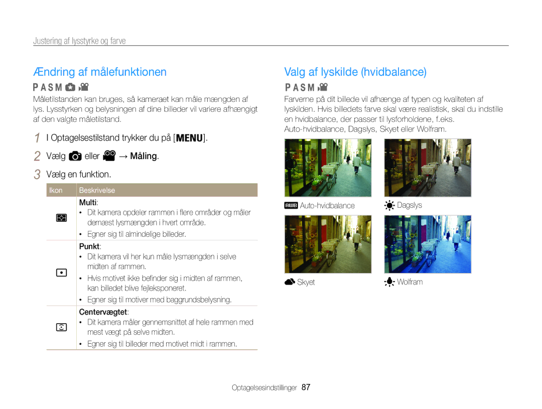Samsung EC-WB850FBPBE2 Ændring af målefunktionen, Valg af lyskilde hvidbalance, Justering af lysstyrke og farve, Ikon 