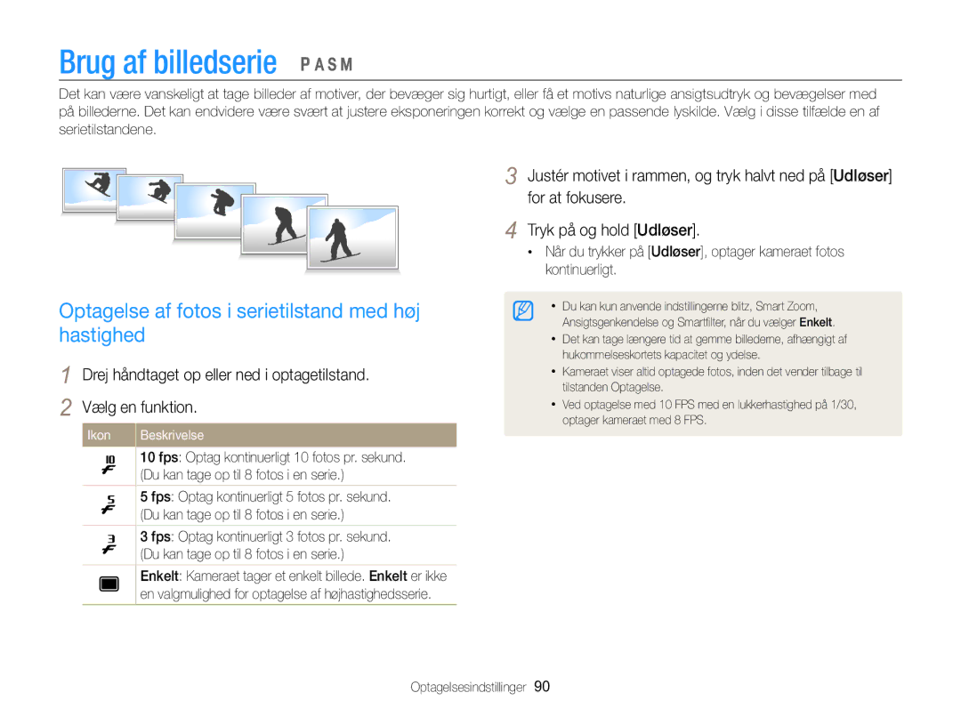 Samsung EC-WB850FBPBE2 manual Brug af billedserie, Optagelse af fotos i serietilstand med høj hastighed 