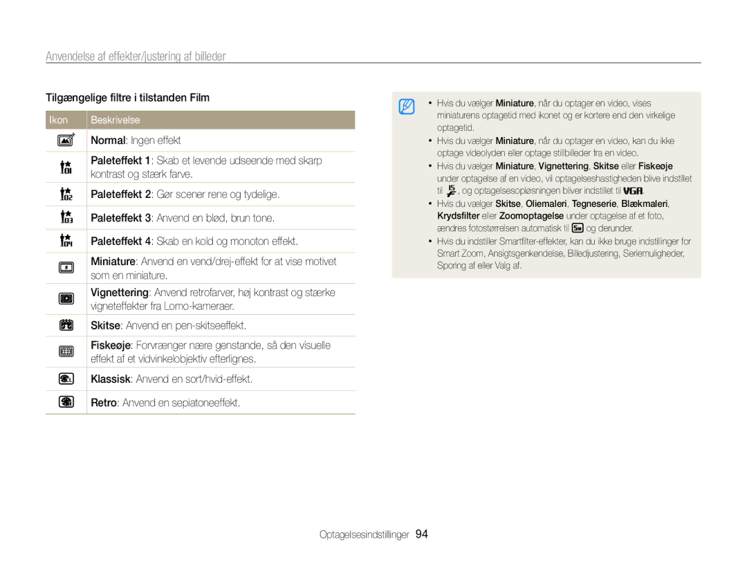 Samsung EC-WB850FBPBE2 manual Anvendelse af effekter/justering af billeder, Tilgængelige filtre i tilstanden Film 