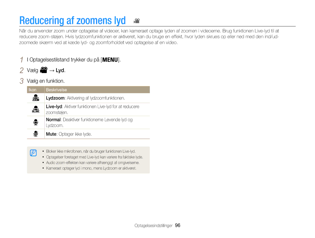 Samsung EC-WB850FBPBE2 manual Reducering af zoomens lyd, Optagelsestilstand trykker du på Vælg → Lyd Vælg en funktion 